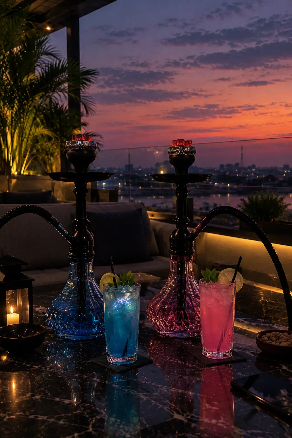 Two shishas with blue and pink mocktails