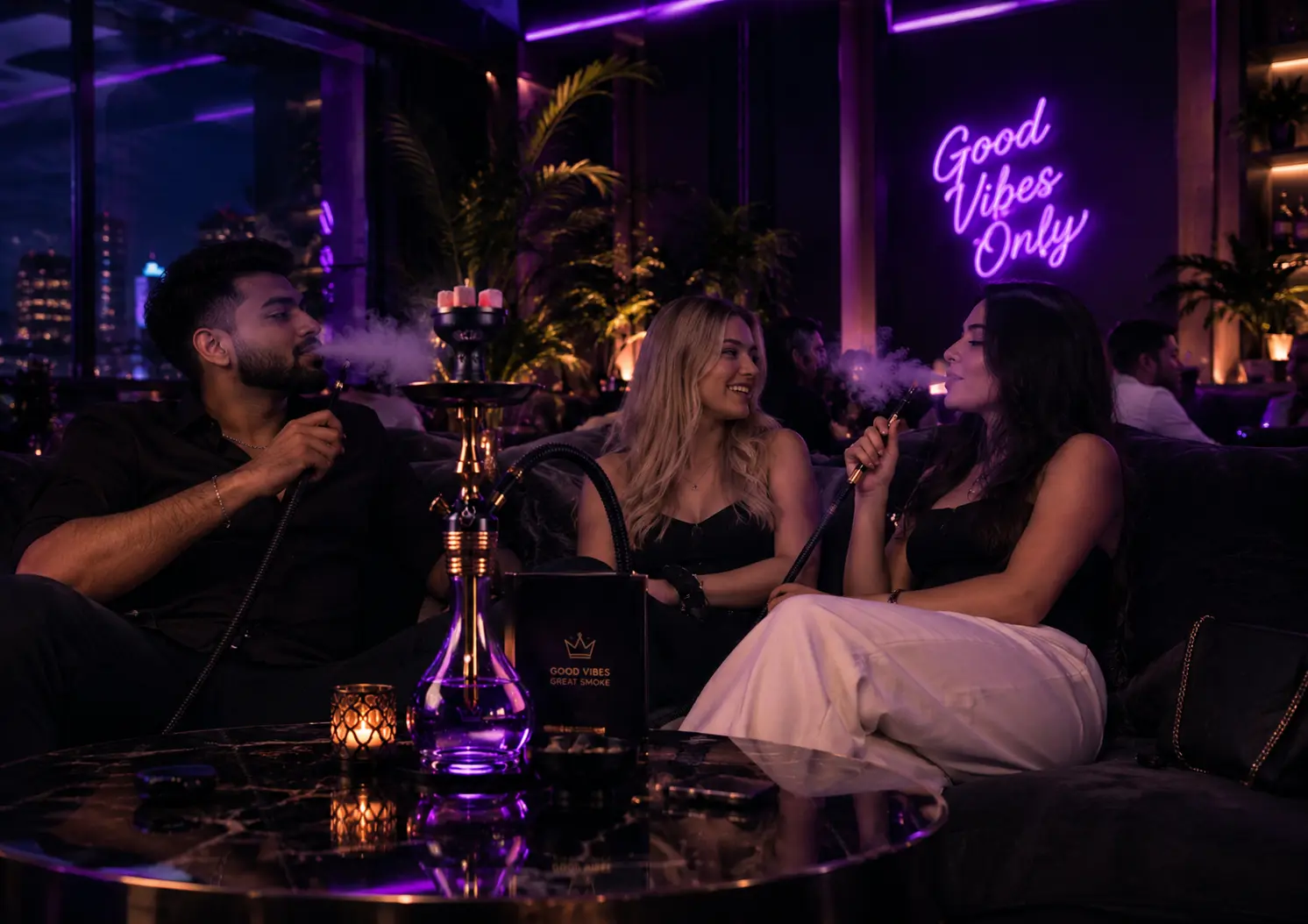 Shisha lounge with neon signage